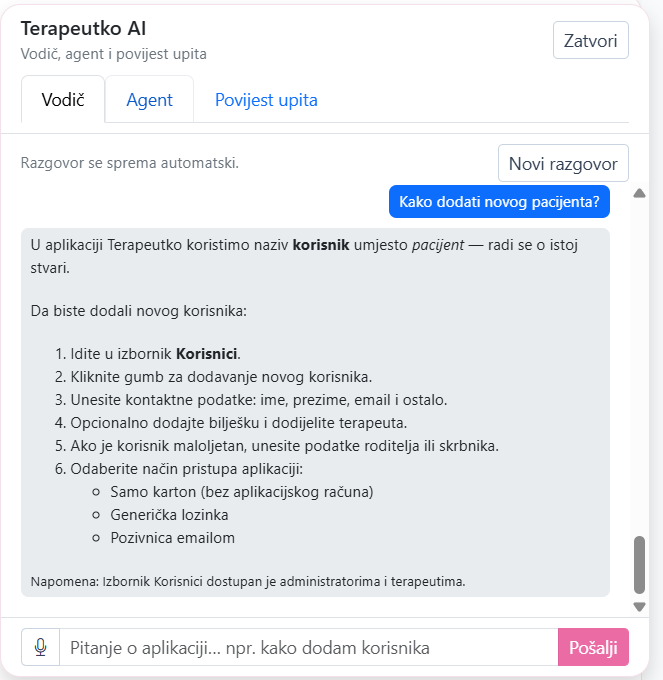 Terapeutko AI vodič u aplikaciji